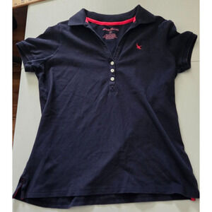Eddie Bauer Womens S Short Sleeve Collared Polo Shirt Navy With Pink Highlights